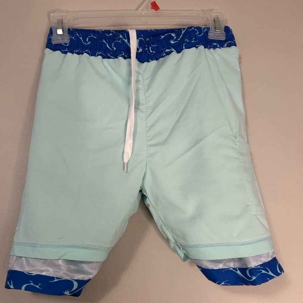 Boy’s Blue Wave Pattern Swim Board Shorts, Size 10